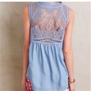 Holding Horses Anthropologie Lorna Chambray Crochet Tank Top Blouse